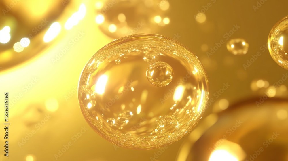 Transparent golden spheres floating against a warm yellow background Transparent golden spheres floating against a warm yellow background
