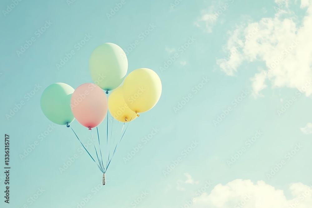 Pastel balloons floating against a soft blue sky with wispy clouds in the background Pastel balloons floating against a soft blue sky with wispy clouds in the background