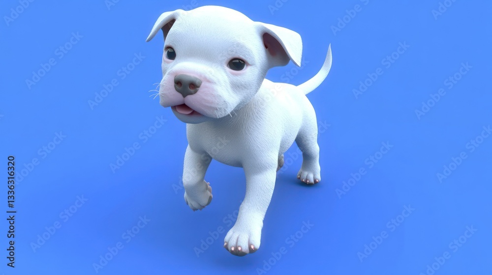 Adorable white puppy dog standing and walking on a blue surface Adorable white puppy dog standing and walking on a blue surface
