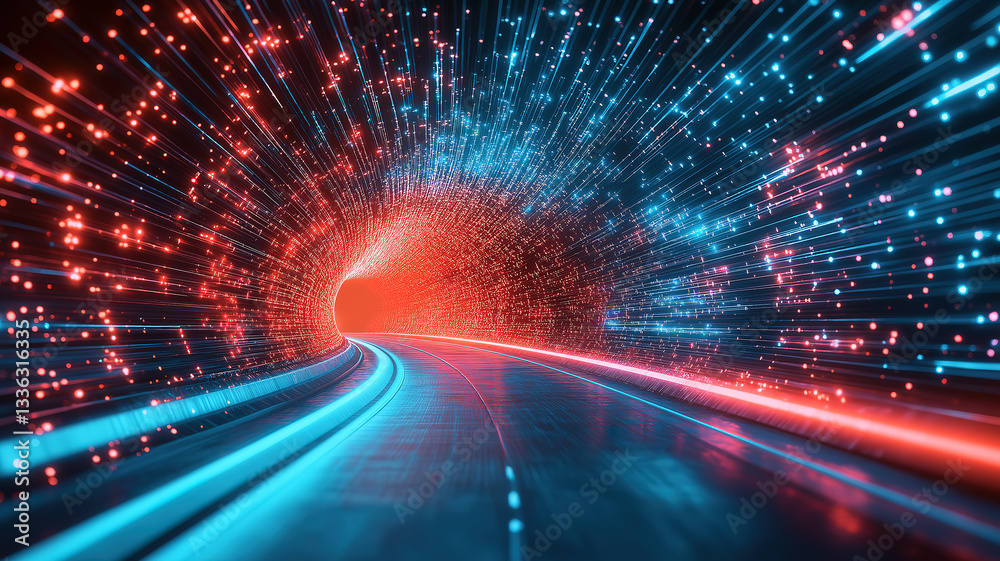 Obraz premium Abstract futuristic tunnel with flying triangles and vibrant ultraviolet neon glow