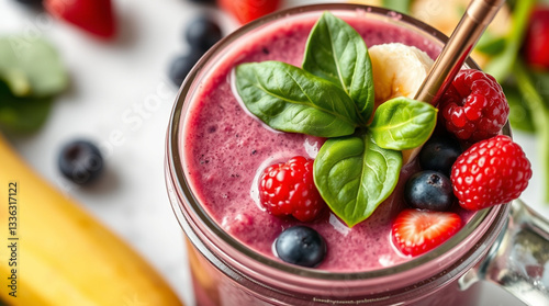 Wallpaper Mural Colorful Fruit Smoothie with Berries, Bananas, and Spinach in a Mason Jar Torontodigital.ca