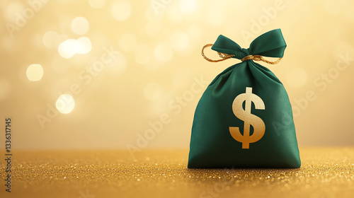 Green Money Bag on Golden Glittering Background