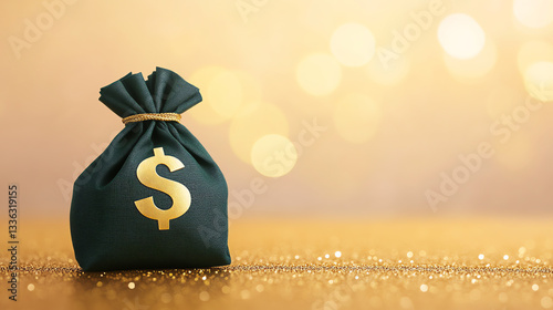 Green Money Bag on Golden Glittering Background