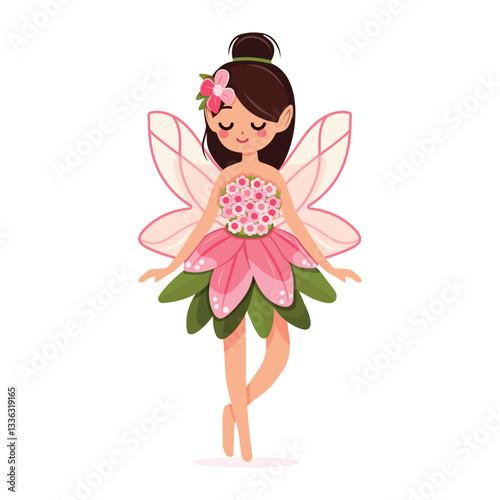 Cute and modest forest fairy with wings in a flower dress on white background. Poster, Banner, Flyer, Greeting Card. Vector illustration in flat cartoon style