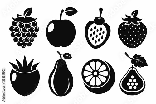 Set of fruit icons including apple, banana, cherry, grape, lemon, orange, pear, pineapple, plum, strawberry, and vegetables in silhouette style