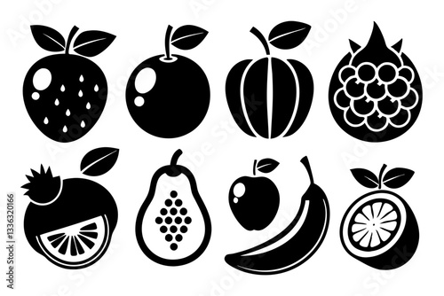 Set of fruit icons including apple, banana, cherry, grape, lemon, orange, pear, pineapple, plum, strawberry, and vegetables in silhouette style