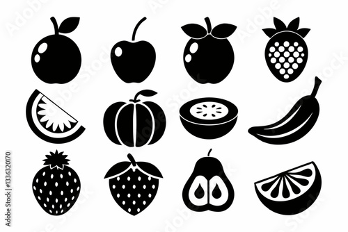 Set of fruit icons including apple, banana, cherry, grape, lemon, orange, pear, pineapple, plum, strawberry, and vegetables in silhouette style