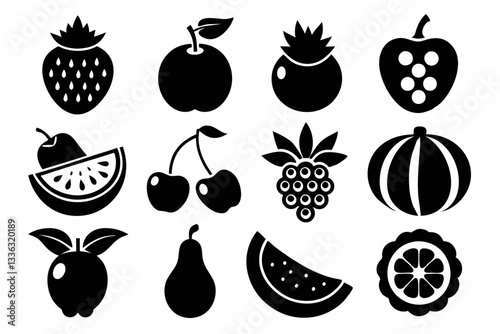 Set of fruit icons including apple, banana, cherry, grape, lemon, orange, pear, pineapple, plum, strawberry, and vegetables in silhouette style