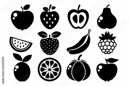Set of fruit icons including apple, banana, cherry, grape, lemon, orange, pear, pineapple, plum, strawberry, and vegetables in silhouette style