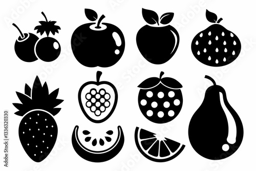 Set of fruit icons including apple, banana, cherry, grape, lemon, orange, pear, pineapple, plum, strawberry, and vegetables in silhouette style