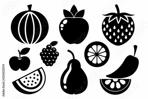 Set of fruit icons including apple, banana, cherry, grape, lemon, orange, pear, pineapple, plum, strawberry, and vegetables in silhouette style