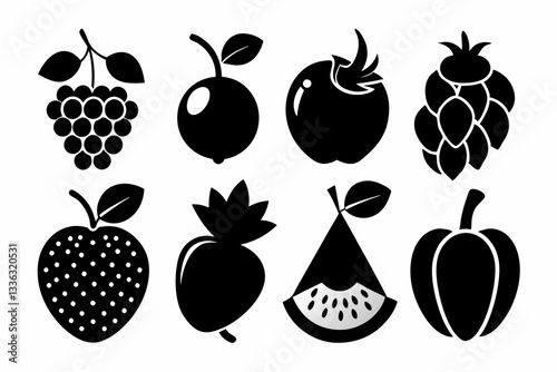 Set of fruit icons including apple, banana, cherry, grape, lemon, orange, pear, pineapple, plum, strawberry, and vegetables in silhouette style