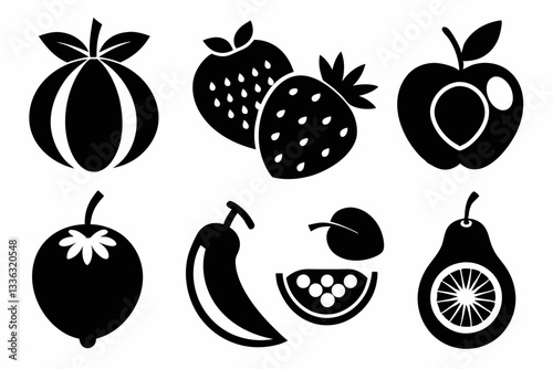 Set of fruit icons including apple, banana, cherry, grape, lemon, orange, pear, pineapple, plum, strawberry, and vegetables in silhouette style