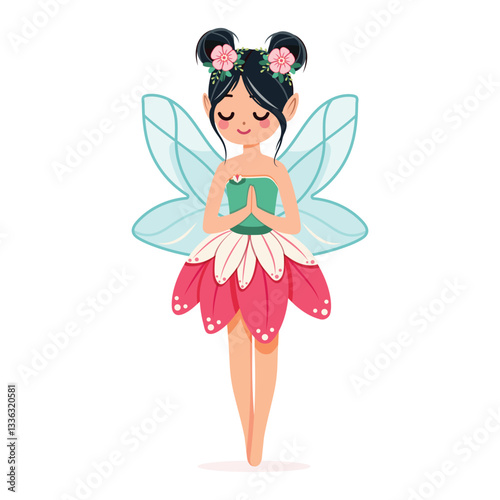Cute and modest forest fairy with wings in a flower dress on white background. Poster, Banner, Flyer, Greeting Card. Vector illustration in flat cartoon style