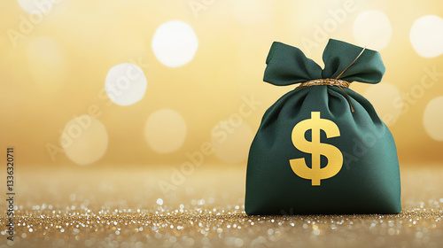 Green Money Bag on Golden Glittering Background