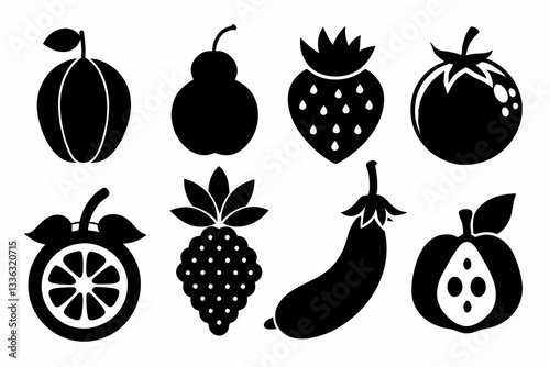 Set of fruit icons including apple, banana, cherry, grape, lemon, orange, pear, pineapple, plum, strawberry, and vegetables in silhouette style