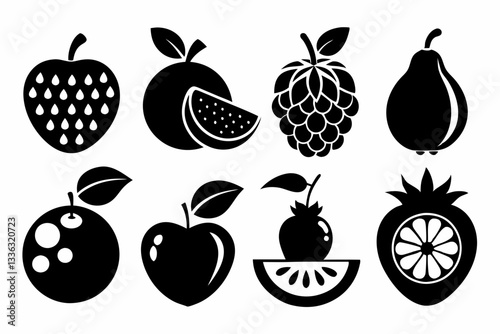 Set of fruit icons including apple, banana, cherry, grape, lemon, orange, pear, pineapple, plum, strawberry, and vegetables in silhouette style