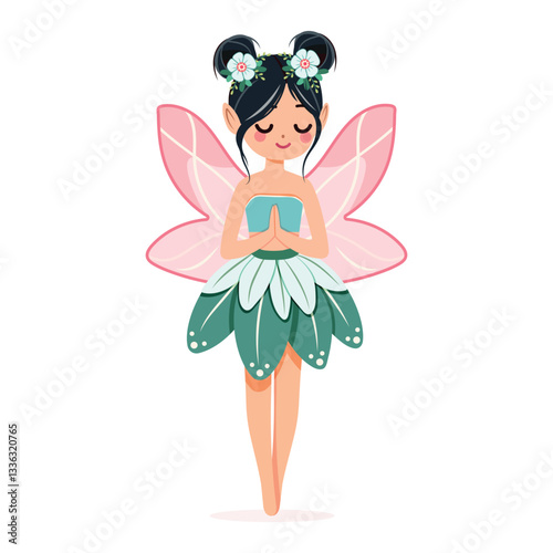 Cute and modest forest fairy with wings in a flower dress on white background. Poster, Banner, Flyer, Greeting Card. Vector illustration in flat cartoon style