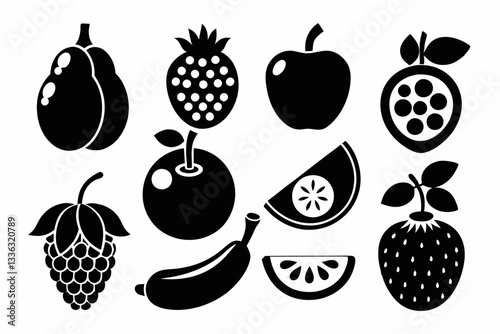 Set of fruit icons including apple, banana, cherry, grape, lemon, orange, pear, pineapple, plum, strawberry, and vegetables in silhouette style
