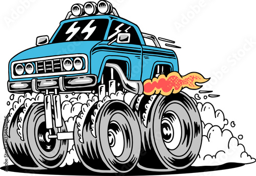 Cartoon monster truck, blue, with oversized wheels, flame, smoke. Vector illustration