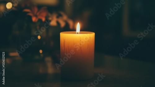A single illuminated candle placed on a wooden surface is shown