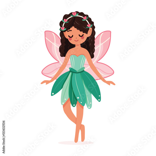 Cute and modest forest fairy with wings in a flower dress on white background. Poster, Banner, Flyer, Greeting Card. Vector illustration in flat cartoon style