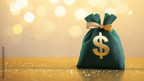Green Money Bag on Golden Glittering Background