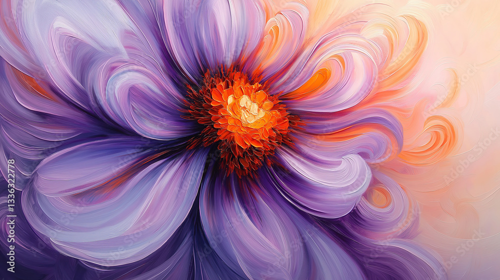 Obraz premium A delicate purple flower with swirling petals, radiating soft orange hues at the center
