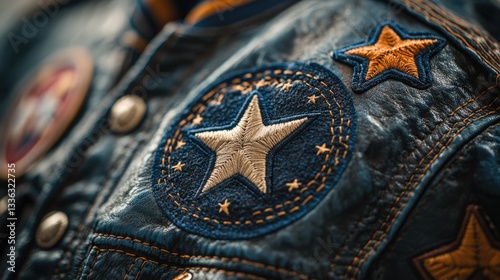  Close-up of a vintage jacket with a patch featuring stars. Ideal for fashion blogs, vintage clothing websites, and articles on retro style and patches photo