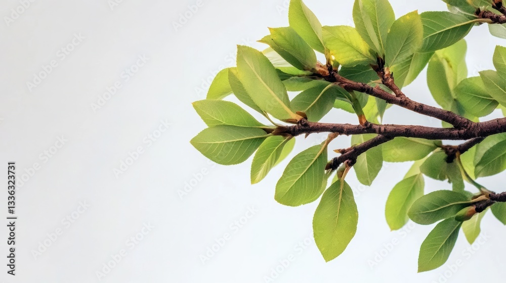 Fototapeta premium Leafy branch with green leaves is shown against a white background. Concept of freshness and growth, as the leaves are vibrant and full of life. The white background adds a sense of calmness