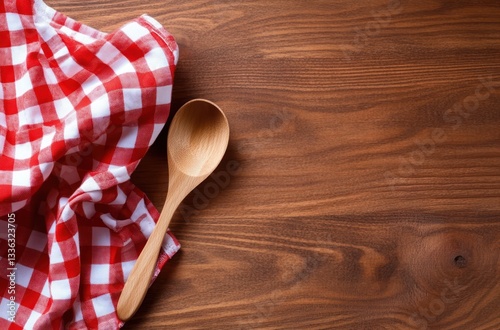 Wooden Spoon & Red Gingham Cloth On Wood Table For Cooking, Recipes, Food Ads