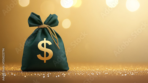 Green Money Bag on Golden Glittering Background