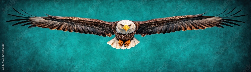 A majestic bald eagle is soaring with outstretched wings across the sky