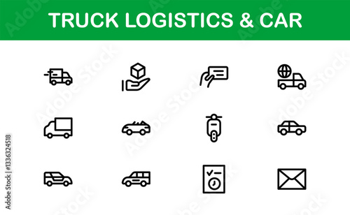 Professional Truck Logistics and Car Icon Set Vector Illustration. Featuring Essential Transportation, Delivery, and Vehicle Symbols photo