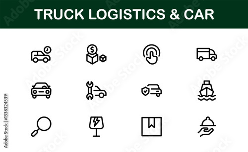 Professional Truck Logistics and Car Icon Set Vector Illustration. Featuring Essential Transportation, Delivery, and Vehicle Symbols photo
