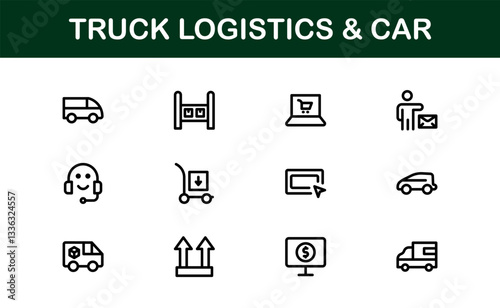 Professional Truck Logistics and Car Icon Set Vector Illustration. Featuring Essential Transportation, Delivery, and Vehicle Symbols photo