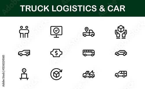 Professional Truck Logistics and Car Icon Set Vector Illustration. Featuring Essential Transportation, Delivery, and Vehicle Symbols photo
