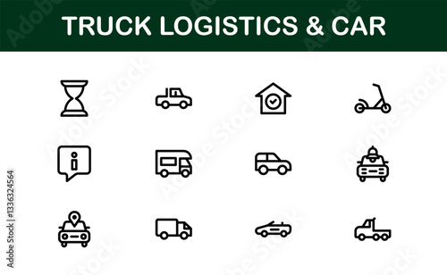 Professional Truck Logistics and Car Icon Set Vector Illustration. Featuring Essential Transportation, Delivery, and Vehicle Symbols photo
