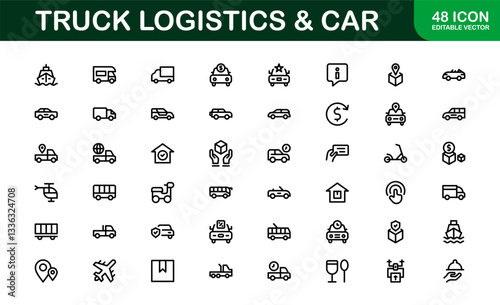 Professional Truck Logistics and Car Icon Set Vector Illustration. Featuring Essential Transportation, Delivery, and Vehicle Symbols photo