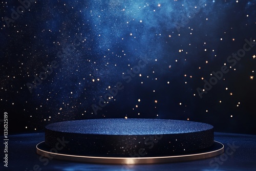Product showcase platform on dark starry night. Award ceremony backdrop