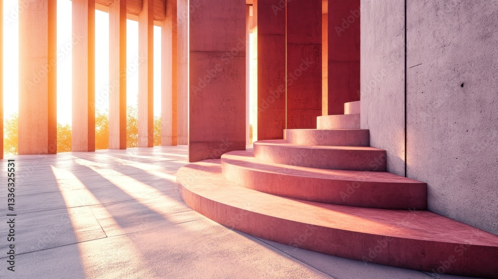 Obraz premium Modern architectural interior space showcasing sunlit concrete stairs and pillars