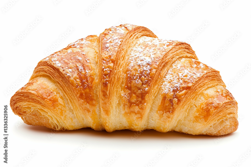 Buttery croissant sprinkled with powdered sugar, isolated on white Buttery croissant sprinkled with powdered sugar, isolated on white