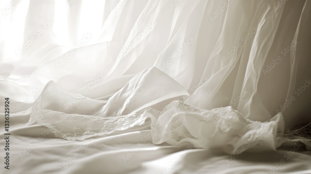 Delicate white fabrics and materials are illuminated by soft natural light Delicate white fabrics and materials are illuminated by soft natural light