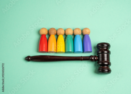 LGBT community and the judge's hammer. Concept of legislation, protection of rights and freedoms of sexual minorities. Legal protection, civil rights, legislative action supporting sexual minorities.