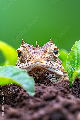 Close-up of a horned lizard peeking from dark soil, surrounded by vibrant green foliage photo
