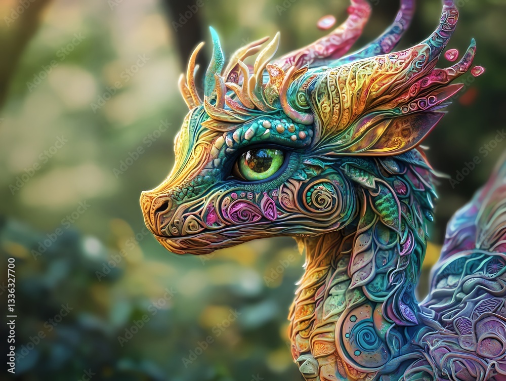 Vibrant dragon with intricate patterns and colors. Vibrant dragon with intricate patterns and colors.