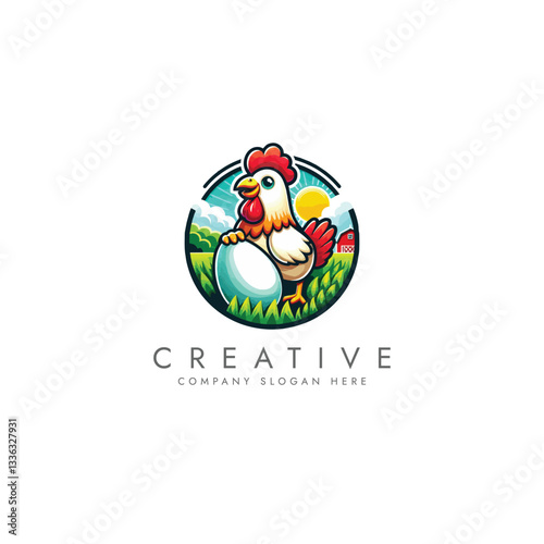 Chicken with eggs farm logo, bird broilers and meat logotype, Farm logo with rooster or chicken,Hen symbol  logo vector design