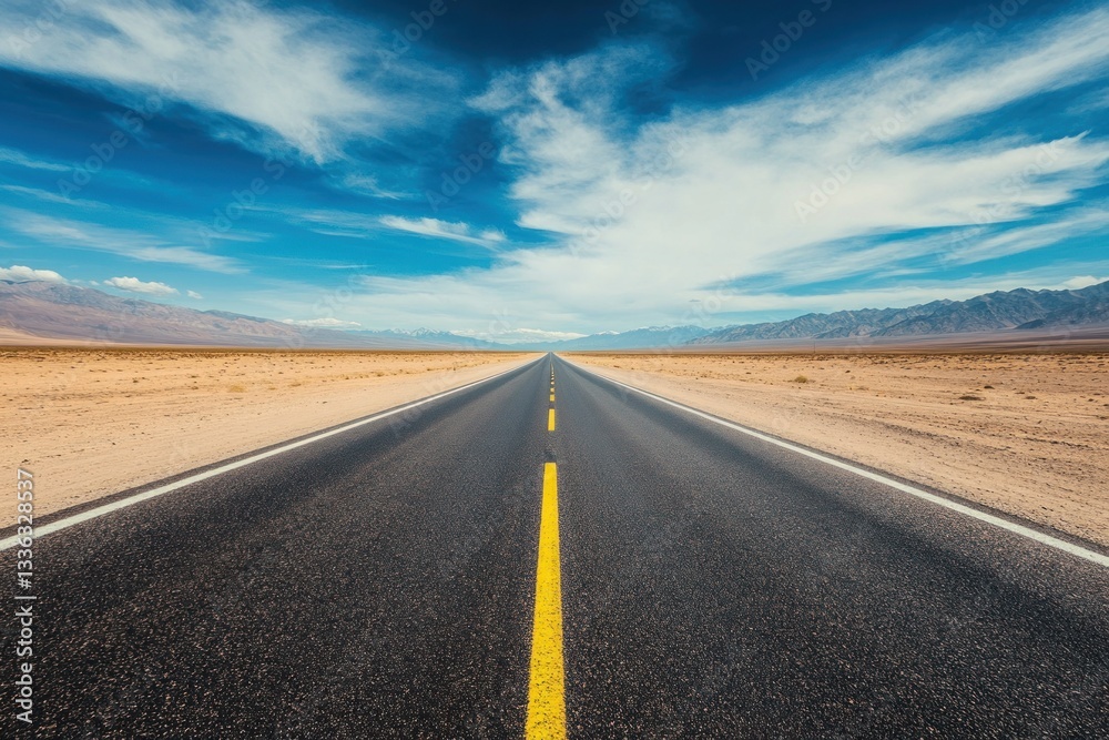 Naklejka premium Empty Road stretches to horizon under sunny sky in desert, travel destination
