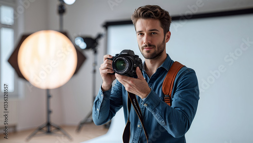 Professional Photographer in Studio with DSLR Camera and Circular LED Light
