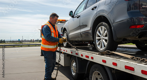 A mechanic is holding the broken car on an open truck